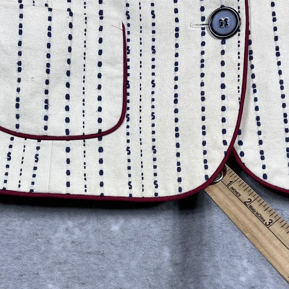 Talbots Blazer Womens Size 8 Blue Embroidered Stripes Red Trim Cotton Jacket - Picture 13 of 13